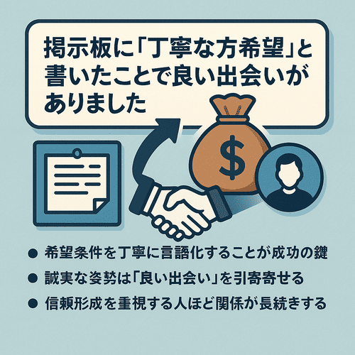 体験談：「掲示板に“丁寧な方希望”と書いたことで良い出会いがありました」
